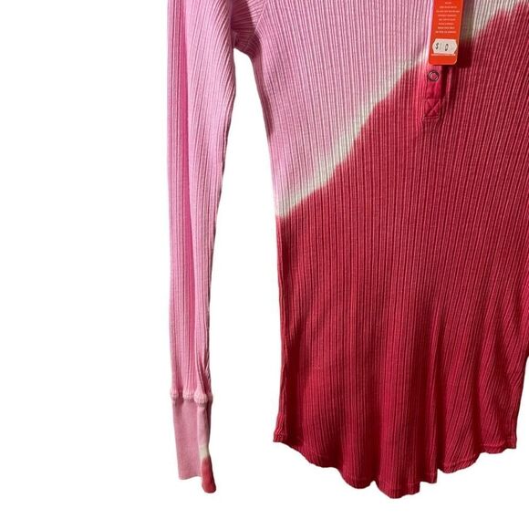 Sundry Womens Ribbed Thermal Henley Top Pink Dip Dye Long Sleeve Shirt NEW - Picture 6 of 10